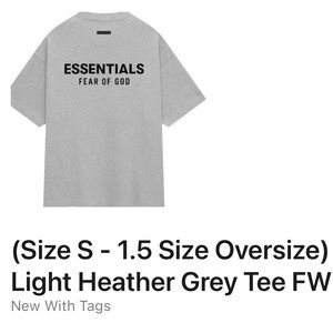 Fear of God ESSENTIALS Light Heather Grey Oversized Tee Size Small